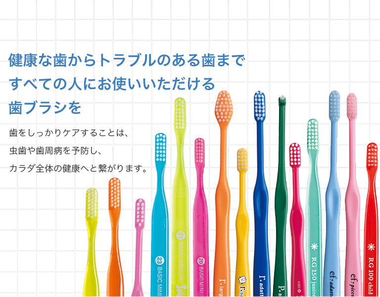 健康な歯からトラブルのある歯まですべての人にお使いいただける歯ブラシを歯をしっかりケアすることは、虫歯や歯周病を予防し、カラダ全体の健康へと繋がります。